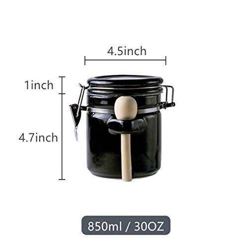 Porcelain Coffee Container Storage Canister with Valve Blocks and Scoop Travel Jar for Coffee Beans Ground Dry Goods Storage (Black, 30oz)