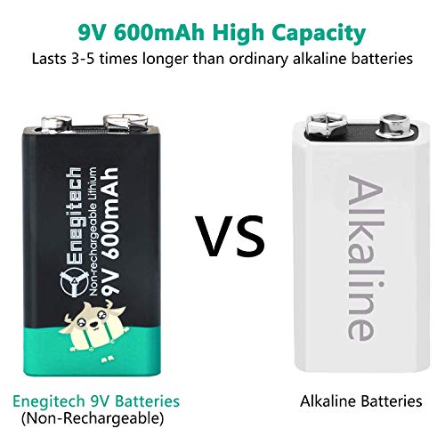 Enegitech 9V Lithium Battery, 600mAh Lithium Battery for Smoke Detector