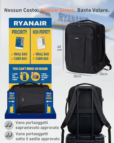 ECOHUB Ryanair Travel Backpack 40 x 30 x 20 cm 13 Pockets Hand Luggage Under the Seat Handle Eco Friendly Airplane Bag in Recycled PET 24 Litres, Patented (Black)