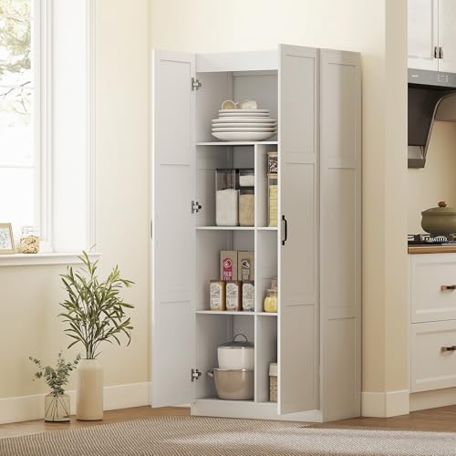HOMCOM 71" Tall Kitchen Pantry Cabinet with Soft-Close Hinges, Modern Farmhouse Freestanding Pantry Storage Cabinet with 2 Framed Doors, 4 Adjustable Shelves, White