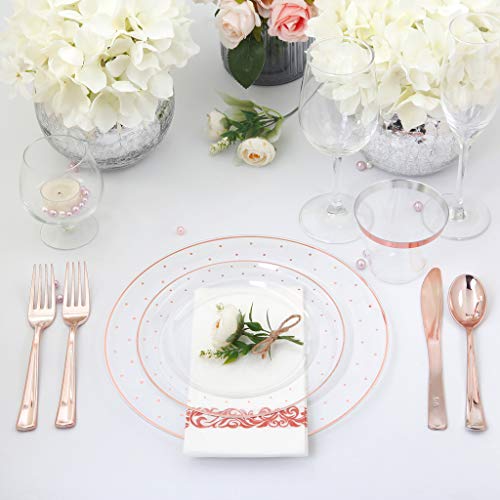 BUCLA-25guest-Rose-Gold-Plastic-Plates-with-Disposable-Plastic-Silverware9oz-Cups-Dot-Plastic-Dinnerware-include-25-Dinner-Plates-25-Salad-Plates-25-Forks-25-Knives-25-Spoons25Cups