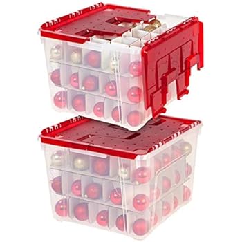 IRIS USA, Inc. WL-60 Holiday Wing-Lid Box with Ornament Dividers, 60 Qt, 2 Pack, Clear/Red, 2 Count