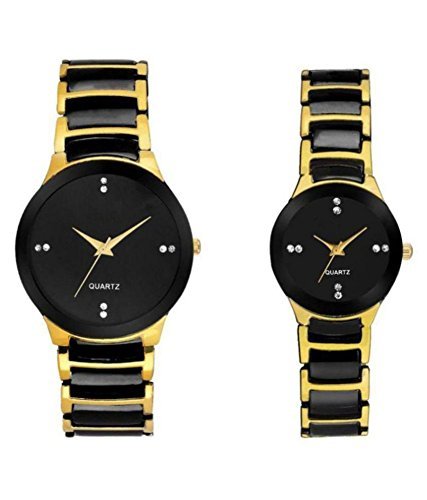 -Metal Analog Black Dial Mens and Womens Watch Combo- IK-Gold Couple