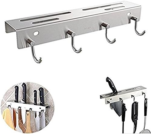 Dailyextreme 12.6 Inch Stainless Steel Knife Rack, Wall Mounted Knife Holder Kitchen Knife Block Storage Rack Shelf with 4 Hooks Utensil Hanger