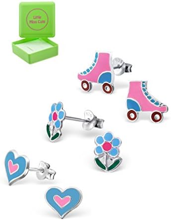 Gift boxed set of 3 .925 Sterling Silver Hypoallergenic Stud Earrings for Girls (Nickel Free) - Blue&amp;Pink Hearts - Flower -Roller Boots