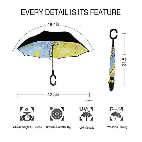 MRTLLOA Double Layer Inverted Umbrella with C-Shaped Handle, Anti-UV Waterproof Windproof Straight Umbrella for Car Rain Outdoor Use (N-Lemon)