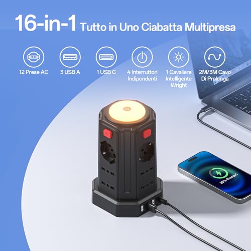 2 M Power Strip with Night Light 12 Universal Sockets 10/16A ITA and Schuko and 3 USB A+1 USB C Overvoltage Protection with 4 Independent Switches for Office, Home