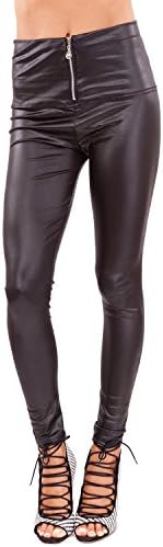 Black Woman High-Waist Front Zipper Faux Leather Leggings