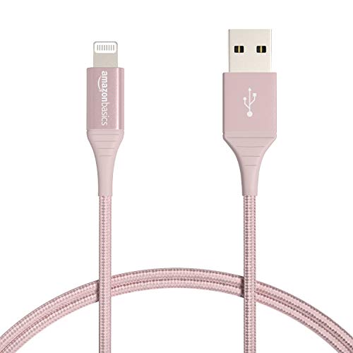 Cable Lightning a USB de doble trenzado de nailon de Amazon Basics - Colección avanzada, cargador de iPhone de Apple con certificación MFi, oro rosa, actualización de 3 pies (durabilidad nominal de 10,000 curvas)
