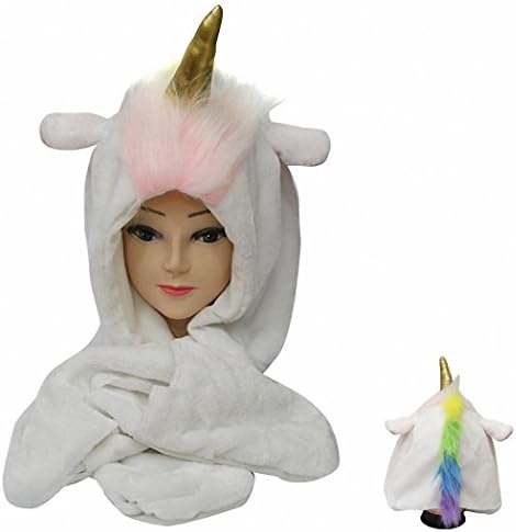 JcxHat Unicorn Ears Horn Hat Scarf Mittens 3 in 1 Set Winter Hoodie, Cartoon Animal Party Costume Gift, White
