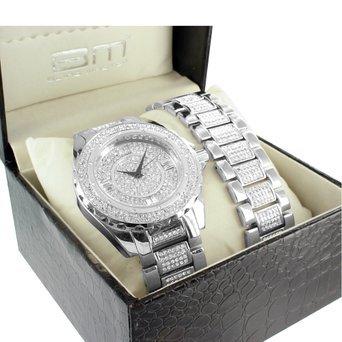 Diamond & Co Men's Iced Out Analog Japan Quartz White Watch & Bracelet Set