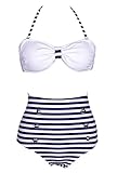 Losorn Women Pinup Rockabilly Vintage High Waist Bikini Swimsuit Swimwear (Medium, Blue stripe)
