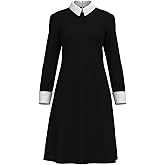 KamdFoen Halloween Costumes for Women White Collar Long Sleeve A-Line Black Dress, Black Costume with Socks