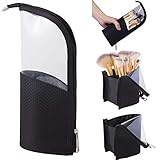 Travel Make-up Brush Organizer Bag,Pen Pencil Cup Holder Case for Desk,Portable Transparent Cosmetic Zipper Pouch,Waterproof Dust-Free Stand-up Small Toiletry Stationery Bag with Divider,Black