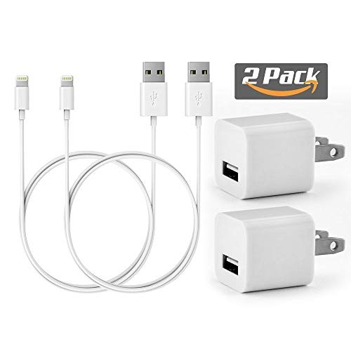 XBElectronics 2 Pack 1A Charger Power Adapter + 2x 1 Meter 8 Pin certified charging cables for iPhone 8 8 Plus 7 7 Plus SE 6 6S Plus 5S 5C 5 iPod 5 Nano 7 (White X2)