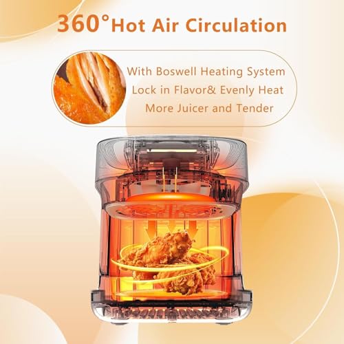 7.4QT Air Fryer with Glass Bowl, Visible Window Lid, Digital Control, 360° Rapid Air Circulation, for Healthy Oil-Free Cooking & Baking, Dishwasher Safe, Nonstick, Easy Clean (White)