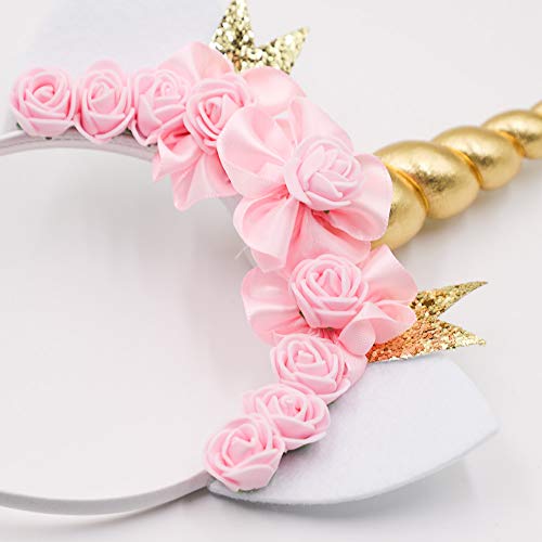Mwfus Shining Unicorn Horn Ears Flower Headband Halloween Cosplay Costume Party Headdress - Thumbnail 4