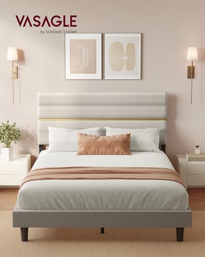 Marco de Cama Matrimonial, Marco para Colchón de 160 x 200 cm, Cabecero Acolchado Ajustable, Metal y Madera, Estilo Moderno, Beige Cappuccino RMB505LH01