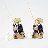 2 Chinese Mudman Figurine - Man Sitting Fishing - for Bonsai Tree & Zen Garden