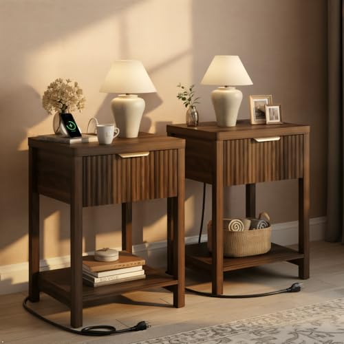 Lulive Night Stand Set 2, Fluted Nightstand with Charging Station, Wood Modern Bedside End Table with Storage Drawer for Bedroom, Save Space (Set of 2, Walnut)