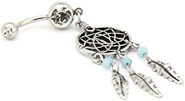 Belly Ring White Stone - Dream Catcher Dangle With Beads - Naval Ring - 14G - 1.6mm