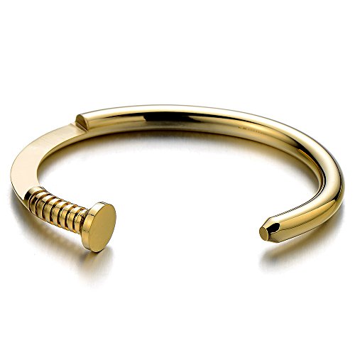 COOLSTEELANDBEYOND Mens Screw Nail Bangle Cuff Bracelet of Stainless Steel Gold Color Polished