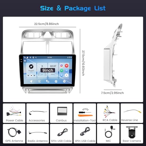 Inefala 4+128G Android 15 Car Radio for Peugeot 307 307CC 307SW 2002-2013, 9'' In-Cell Bildschirm with Wireless Carplay and Android Auto Link Mirror Radio FM/RDS GPS WiFi Bluetooth SWC Backup Camera