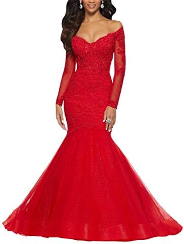 Mermaid Off Shoulder Formal Evening Dresses Elegant with Long Sleeve Beaded Lace Tulle Prom Dress 2019