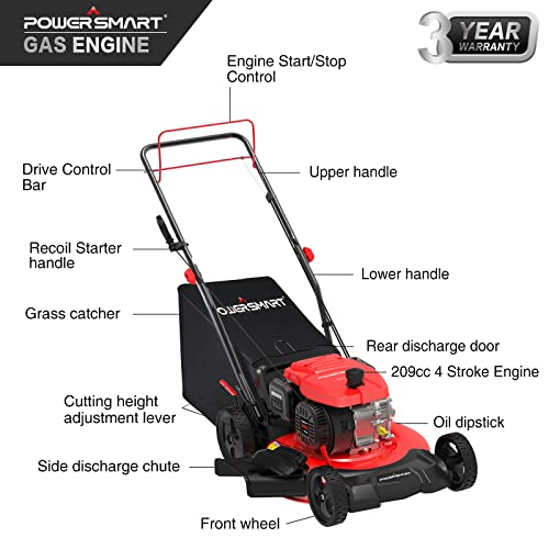PowerSmart Lawn Mower Gas Powered with Bag, 21 Inch Self Propelled Gas
