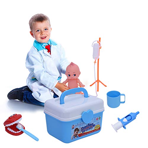 Kids Educational Doctor Kit | 35PCS Pretend Play Set Medical Kit w/Doll Carrying Case | Dentist Medical Role Play Learning Toy Doctor Playset Gifts for Child,Toddlers, Boys & Girls (Blue)