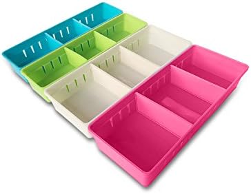 MMMMARILYN Drawer Organizer with 2 Adjustable Drawer Dividers (White S, Pink S, Green L, Blue L, Pack of 4)