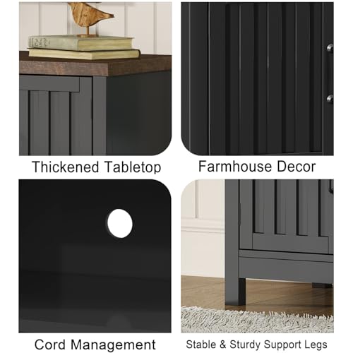 ChooChoo Farmhouse TV Stand for Televisions up to 55 inches, Entertainment Center Console Table Media Furniture with Storage Cabinets and Open Shelves, Fluted Door, for Living Room Bedroom, Black