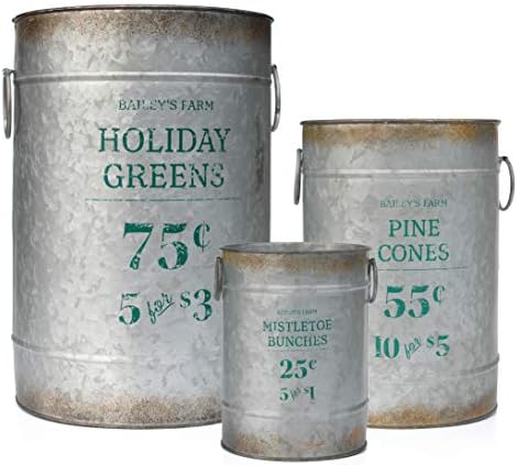 AuldHome Christmas Galvanized Metal Buckets (Set of 3), Large, Medium, Small Farmhouse Decor Galvanized Cans with Holiday Pine Motif