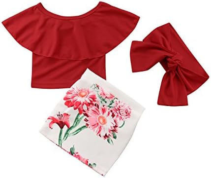 Summer Kids Baby Girl Outfit Set Off Shoulder Ruffles Tops+ Casual Short Sheath Skirt Clothes with Headband