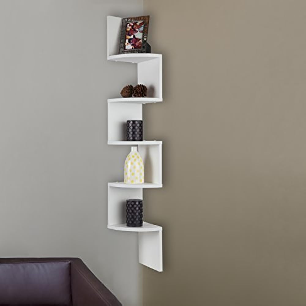 5 Tiers White Corner Floating Wooden Shelf, Living Room Dorm Decor