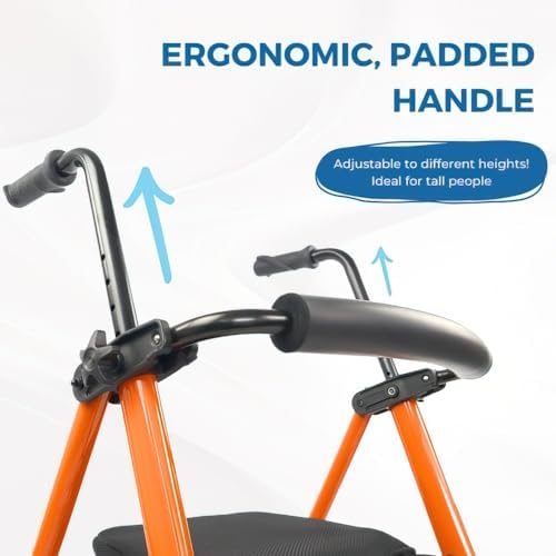 , Andador Plegable, Ligero, Nerón, con Asiento y Respaldo, 2 ruedas, Conteras Antideslizantes, Máx. 100 Kg, Cesta, Acero, Naranja