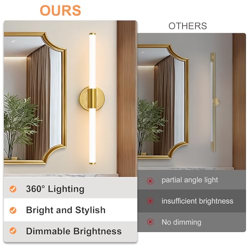 Dimmable LED Oro Baño Vanidad Luces 360 ° Iluminación Completa Baño Lámparas Sobre Espejo 22 pulgadas Moderno Vanidad Barra de Luz Luz Cálida | Luz de baño brillante de 360°, luz de cambiador regulable, aplique de pared con cable 3000 K, blanco cálido para espejo