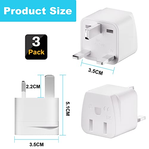 3-Pack US to UK Travel Adapter - HITRENDS Type G Grounded Plug Converter (3-Pin UK Socket), Universal Power Adapter for USA/UK Devices, White