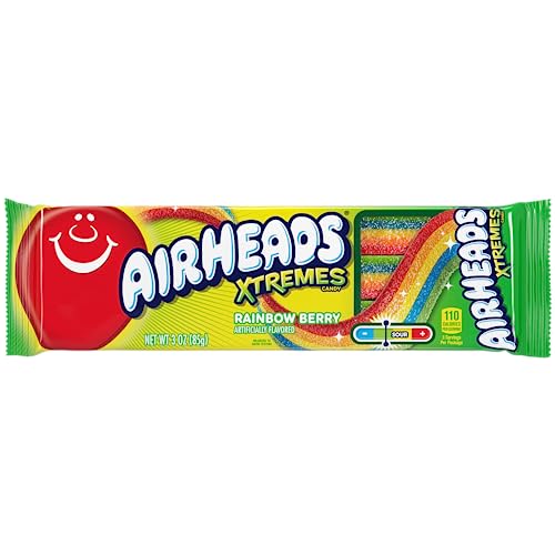 AIRHEADS XTREMES BELTS, HALLOWEEN TRICK OR TREAT SWEETLY SOUR CANDY, RAINBOW BERRY FLAVOR, INDIVIDUALLY WRAPPED BULK CANDY FOR ADULTS & KIDS, MOVIE THEATER, PARTY, NON-MELTING, 3 OZ (PACK OF 12)