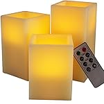 BEST SQUARE FLAMELESS LED CANDLES WITH TIMER REMOTE CONTROL, Set of 3 Unscented WAX Pillar Flickering Battery Operated Electric Tall Candle Home Decor, Weddings, Parties and Awesome Decorative Gifts