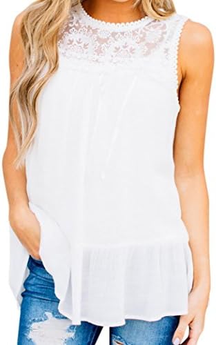 Nevera Women Fashion Lace Sleeveless Tops Loose Solid Ruffle Hem Blouse (XL, White)
