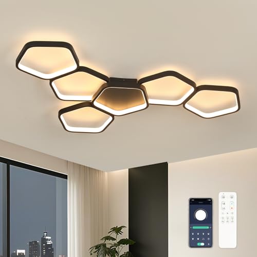 Kuwork Modern LED Ceiling Light, Living Room, 58 W, 3000 K - 6500 K, Dimmable with Remote Control and App Control, Night Light and Timer Function for Bedroom Ceiling Lamp, 90 cm, Black