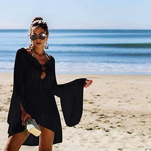 Women's Bathing Suit Cover Up Swimsuit Beachwear Bikini Swimwear Crochet Lace Long Dress Beach Cover Ups(570 Blcak) - Thumbnail 4