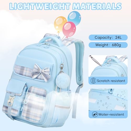 Tanou Girls' Primary School Backpack | Waterproof Daypack for Teens, Kawaii Checked School Bag for Girls 9-16 Years Old for Travel, Blue