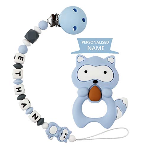 Pacifier Clip Personalized Name with Raccoon Teether, MCGMITT Customized Binky Holder Teething Silicone Beads for Baby Girls Boys (Blue)