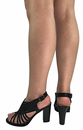 City Classified Open Toe Perforated Lace up Elastic Side Stacked Chunky Heel Sandal, Black, 7