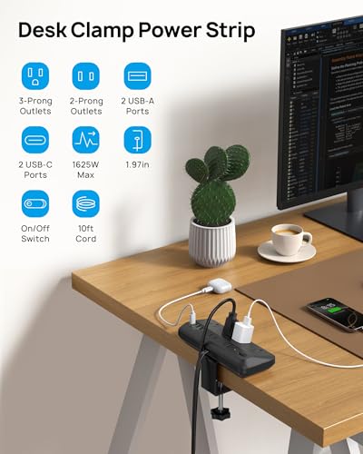 Multicontacto Regleta Extension Electrica para Clip de Mesa, 20W y USB C con 3M Enchufe Plano Extension, 6 Salidas CA y 1700J Protector de Sobretensión 4 Puerto USB Total Estación de Carga Rápida