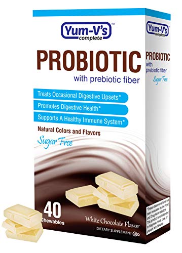 YUM-V's Probiotic w/ Prebiotic Fiber, White Chocolate Flavor (40 Ct); Chewables for Men and Women, Sugar Free, Digestive Health Daily Dietary Supplement, Vegan, Kosher, Halal, Gluten Free YUM-V's Probiotic w/ Prebiotic Fiber, White Chocolate Flavor (40 Ct); Chewables for Men and Women, Sugar Free, Digestive Health Daily Dietary Supplement, Vegan, Kosher, Halal, Gluten Free