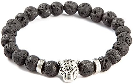 QSKS Leopard Head Charm with Lava Stone Beaded Bracelet for Men(Silver)