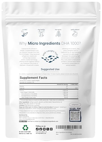 Micro Ingredients - Omega 3 DHA 1000mg con EPA 500mg, 200 Cápsulas Blandas, Sabor Limón
